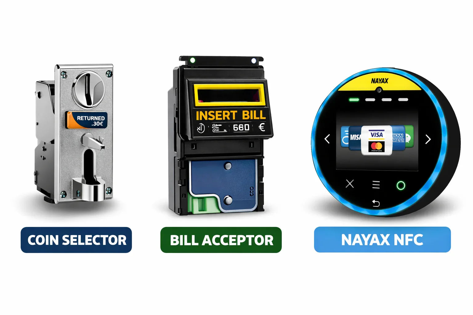 Coin selector, bill acceptor, and Nayax NFC payment systems for arcade machines